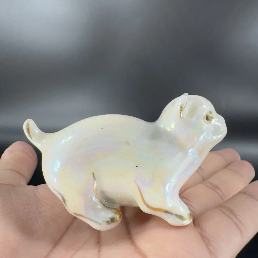 Vintage 1980s Ceramic Porcelain Luster Ware Iridescent Finish Kitty Cat Figurine